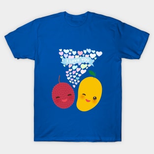 Kawaii lychee and mango with pink cheeks and winking eyes T-Shirt